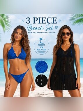 Unbranded Women’s Blue Floral Bikini Set + Black Crochet Beach Cover-Up medium